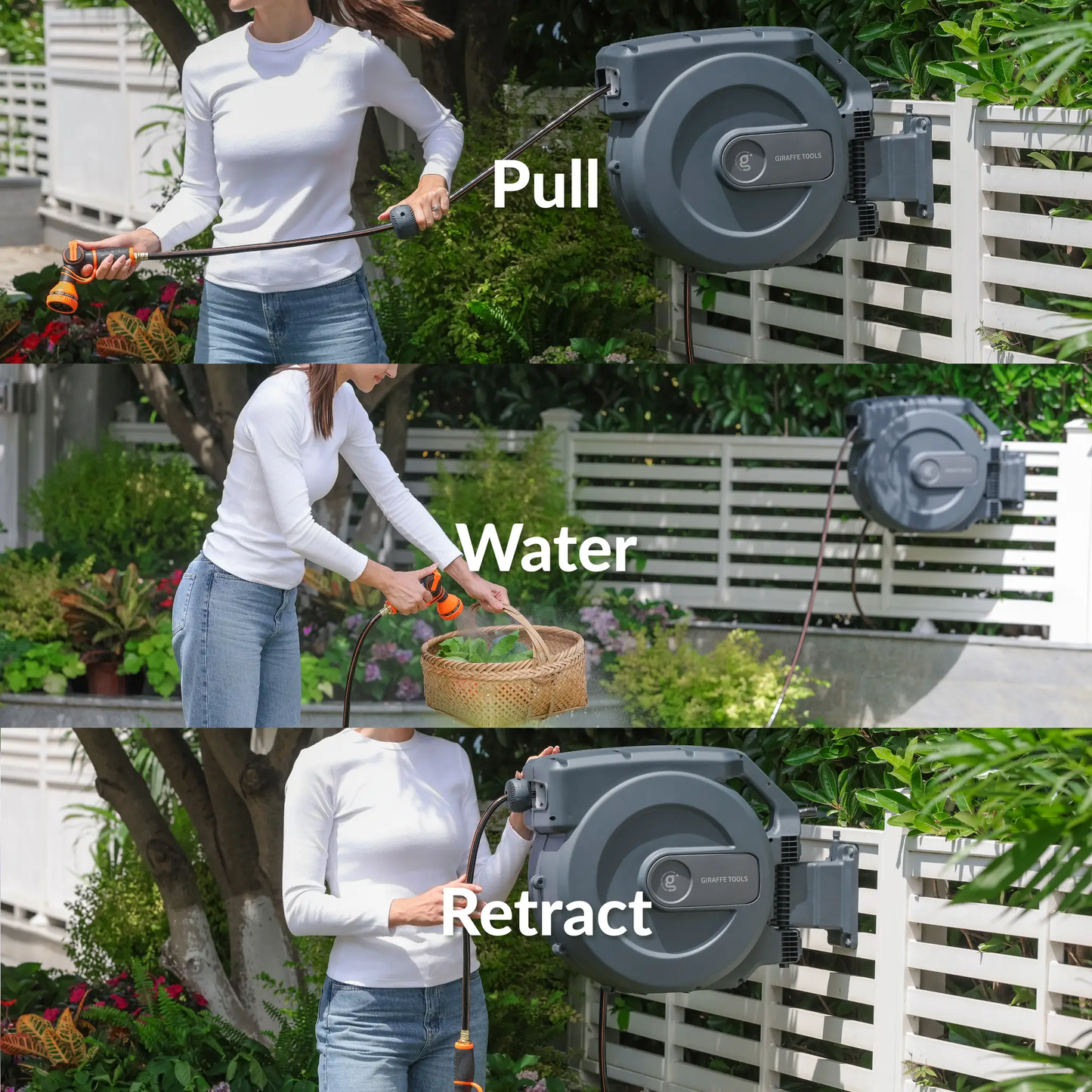 Retractable garden hose reel by Giraffe Tools mounted on white fence with orange nozzle on Tampa Home & Garden Store