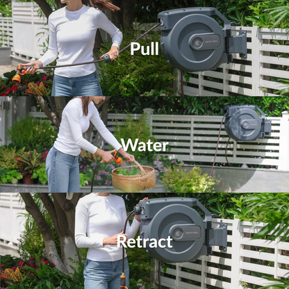 Retractable garden hose reel by Giraffe Tools mounted on white fence with orange nozzle on Tampa Home & Garden Store
