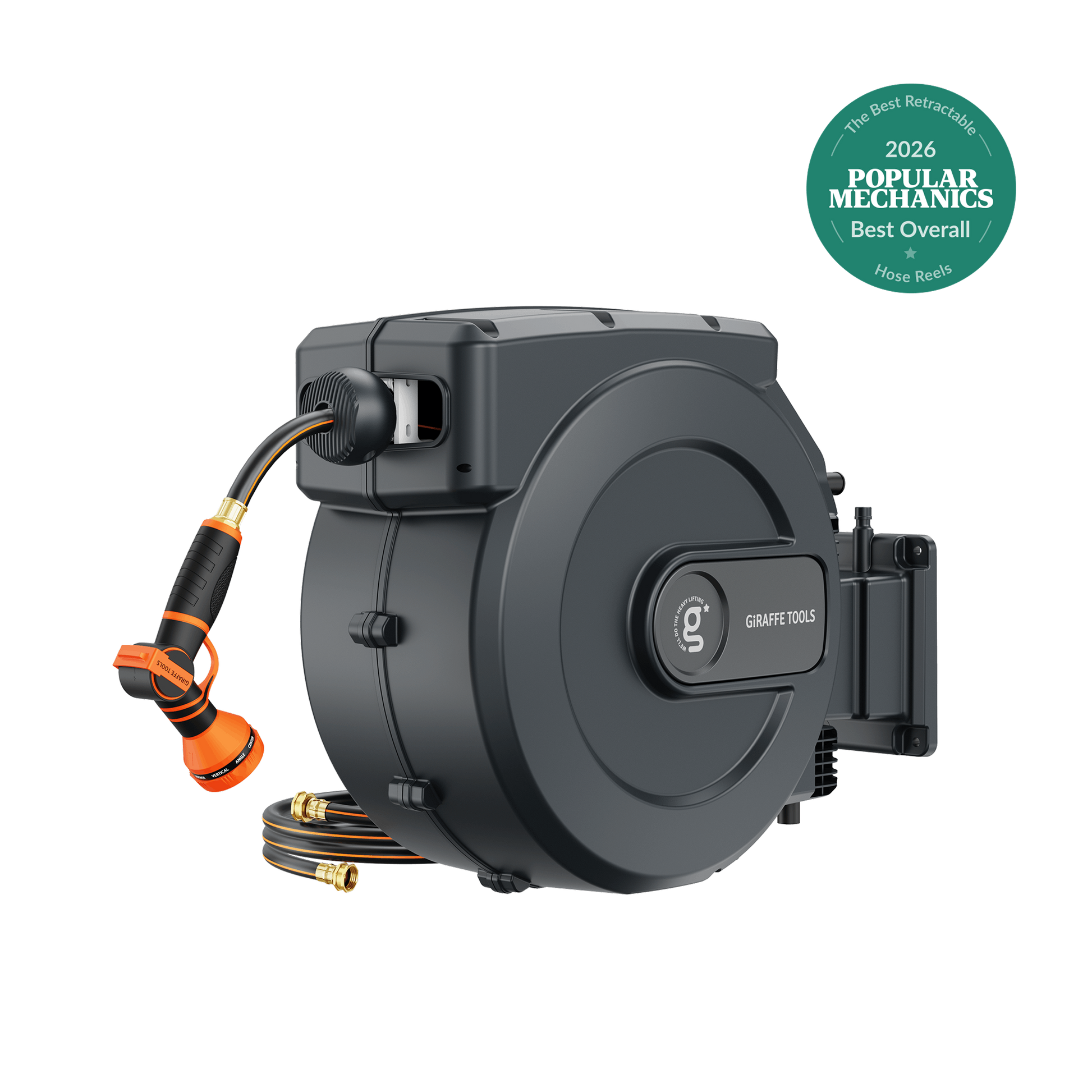 Retractable Garden Hose Reel by Giraffe Tools with auto rewind, dark gray housing on Tampa Home & Garden Store