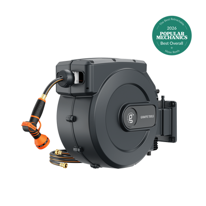 Retractable Garden Hose Reel by Giraffe Tools with auto rewind, dark gray housing on Tampa Home & Garden Store