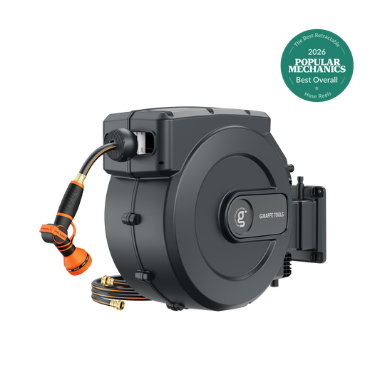 Retractable Garden Hose Reel by Giraffe Tools with auto rewind, dark gray housing on Tampa Home & Garden Store