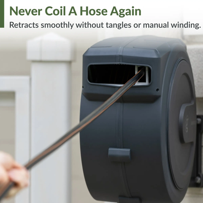 Retractable Garden Hose Reel with Auto Rewind gray housing with hose partially extended on Tampa Home & Garden Store