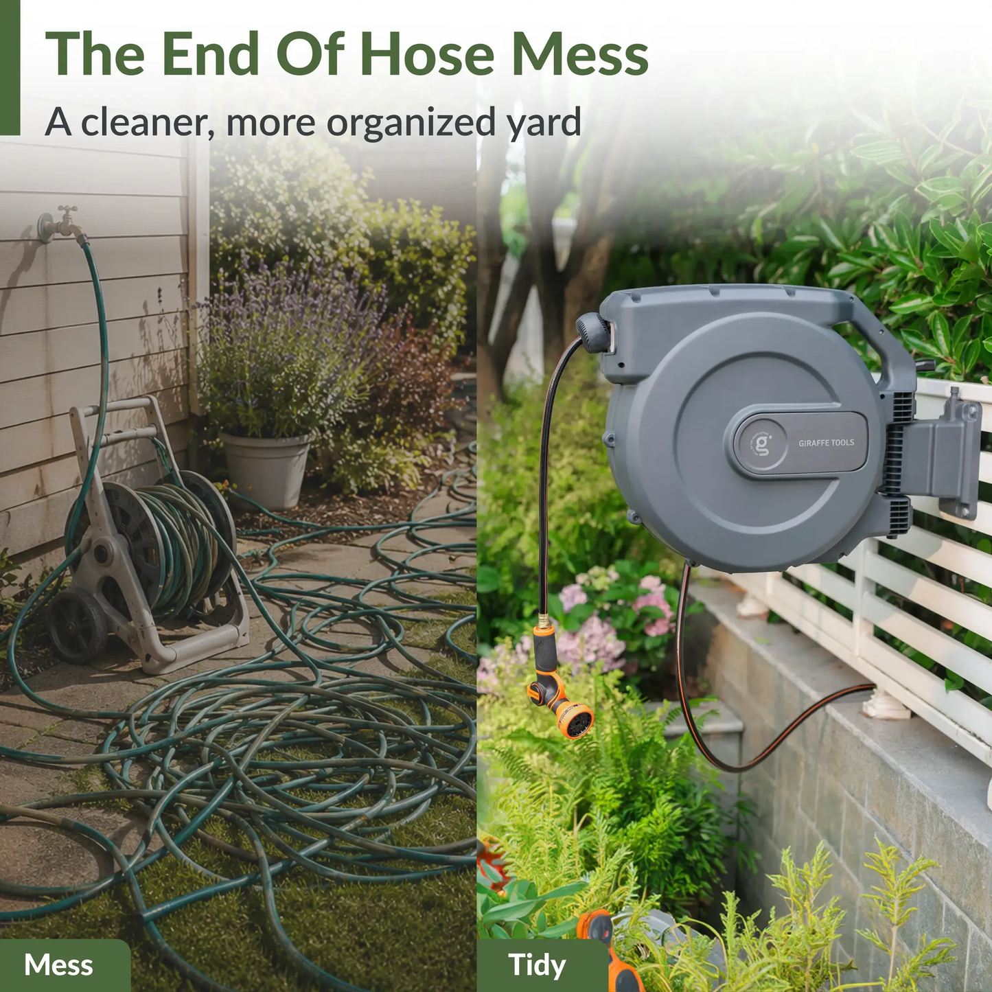 Giraffe Tools retractable garden hose reel with auto rewind, gray housing and green hose outdoors on Tampa Home & Garden Store
