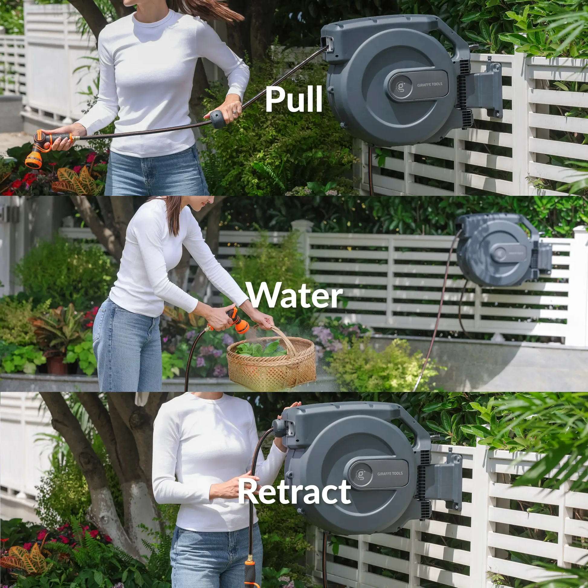 Retractable Garden Hose Reel gray housing by Giraffe Tools with hose and orange nozzle on Tampa Home & Garden Store