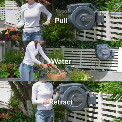 Retractable Garden Hose Reel gray housing by Giraffe Tools with hose and orange nozzle on Tampa Home & Garden Store