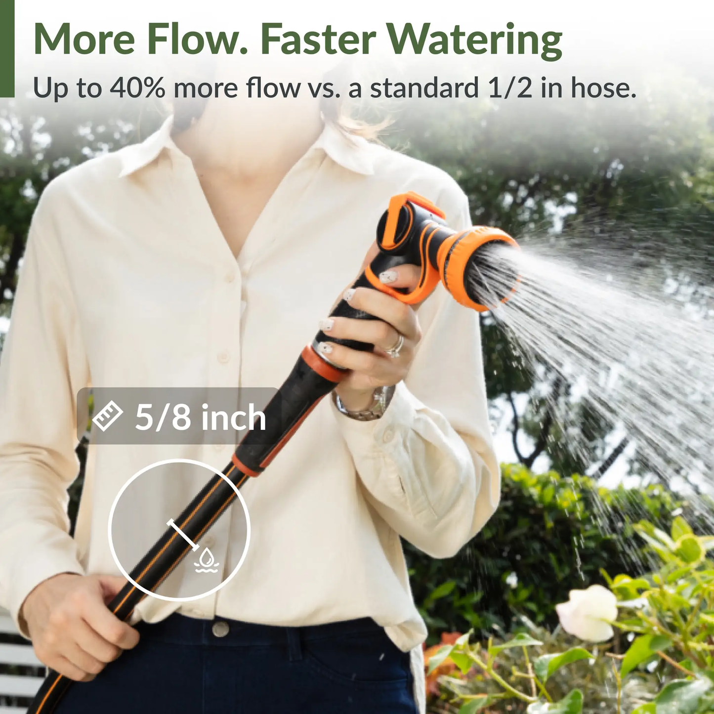 Retractable garden hose reel with auto rewind in orange/black held by person outdoors on Tampa Home & Garden Store