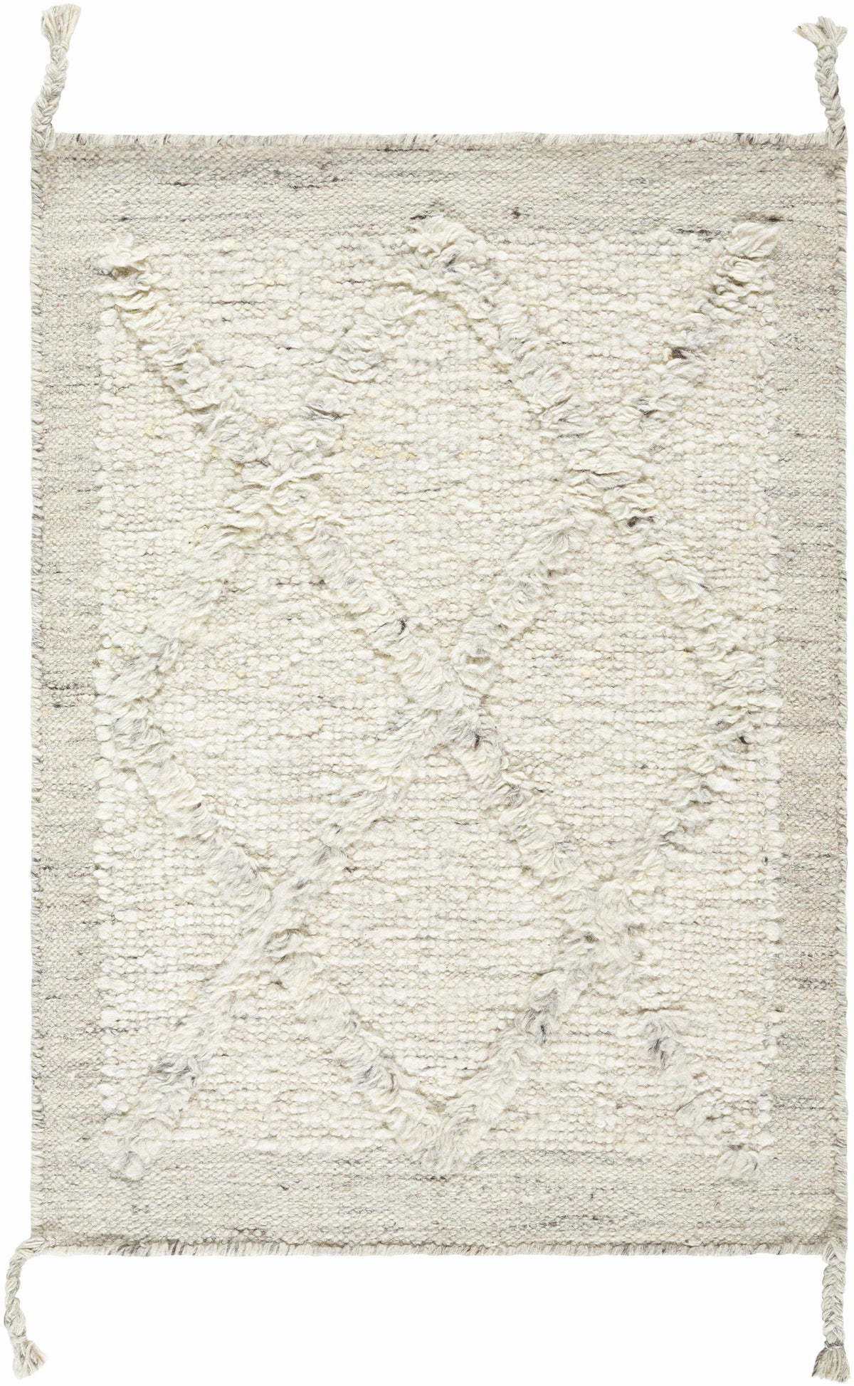 Awen Hand Knotted Wool Area Rug, cream ivory with textured tufting and fringe ends on Tampa Home & Garden Store