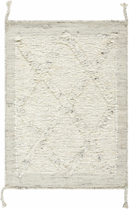 Awen Hand Knotted Wool Area Rug, cream ivory with textured tufting and fringe ends on Tampa Home & Garden Store