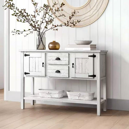 Mesa de sofá de madera maciza estilo rústico con cajones de almacenamiento y acabado blanco rústico