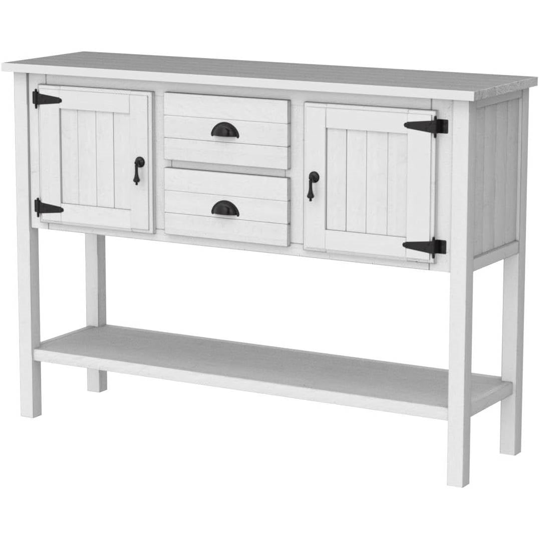Mesa de sofá de madera maciza estilo rústico con cajones de almacenamiento y acabado blanco rústico
