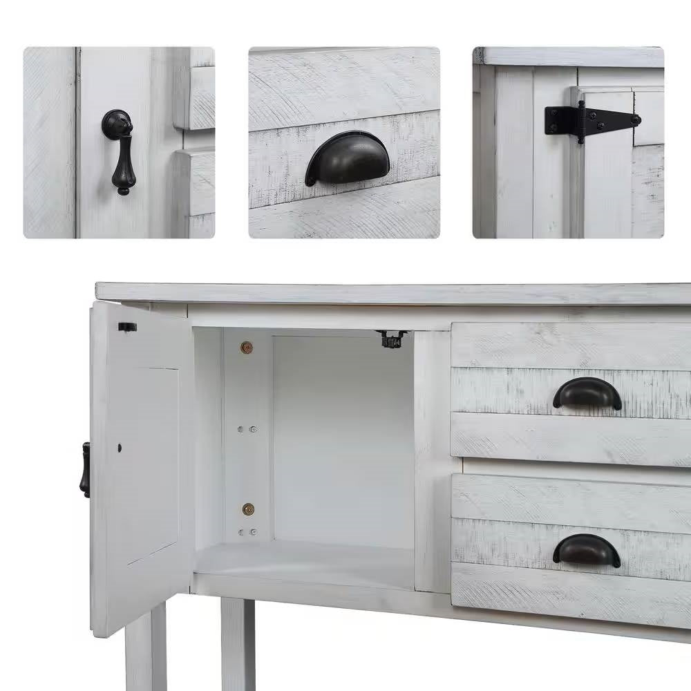 Mesa de sofá de madera maciza estilo rústico con cajones de almacenamiento y acabado blanco rústico