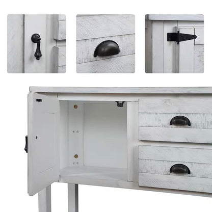 Mesa de sofá de madera maciza estilo rústico con cajones de almacenamiento y acabado blanco rústico