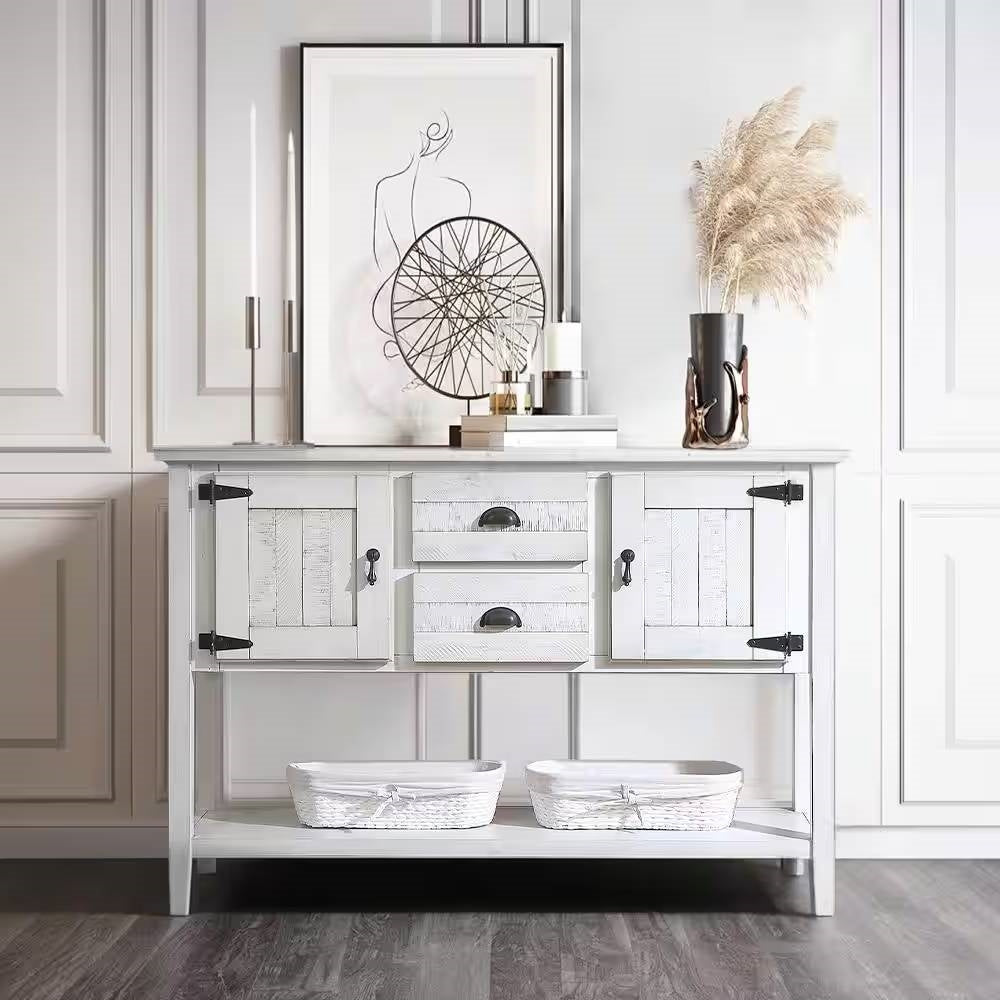 Mesa de sofá de madera maciza estilo rústico con cajones de almacenamiento y acabado blanco rústico