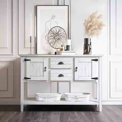 Mesa de sofá de madera maciza estilo rústico con cajones de almacenamiento y acabado blanco rústico