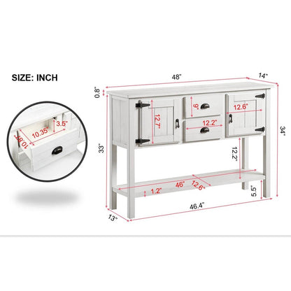 Mesa de sofá de madera maciza estilo rústico con cajones de almacenamiento y acabado blanco rústico
