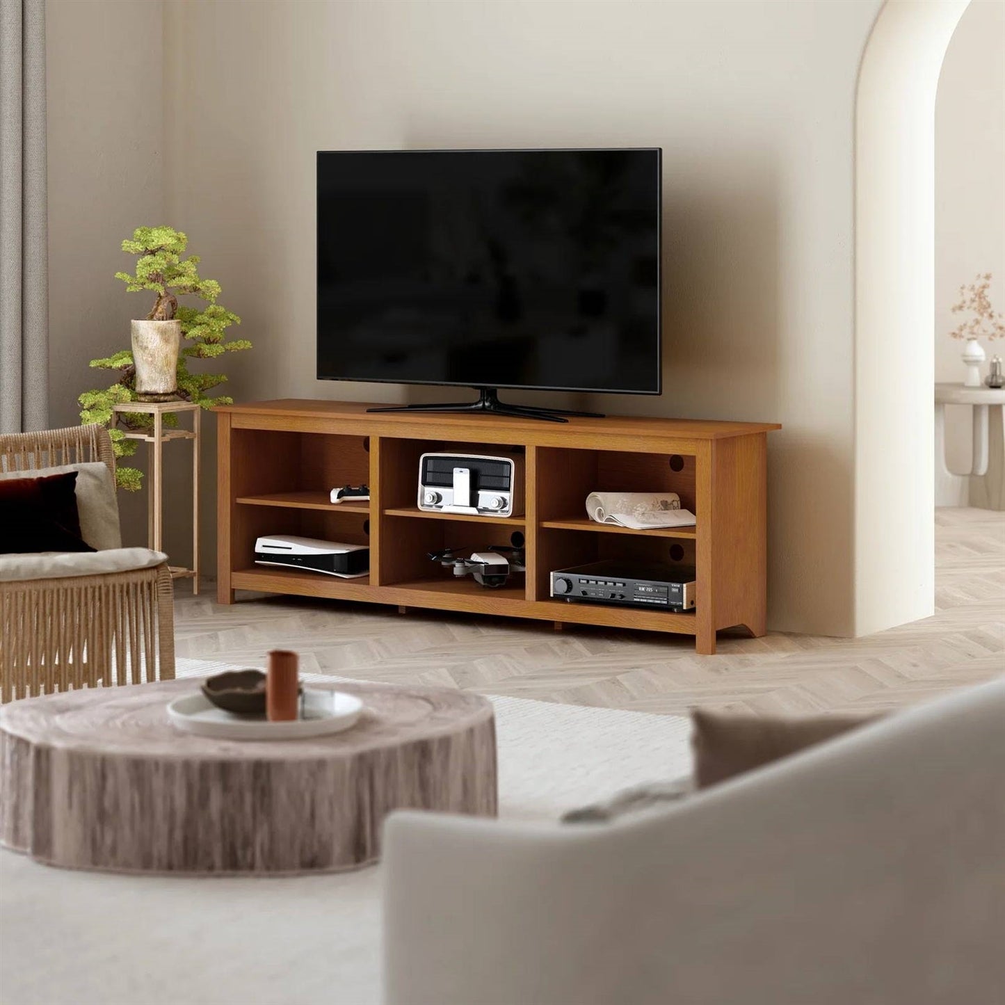 Mueble de TV de estilo rústico en acabado de madera marrón ámbar - para televisores de hasta 70 pulgadas