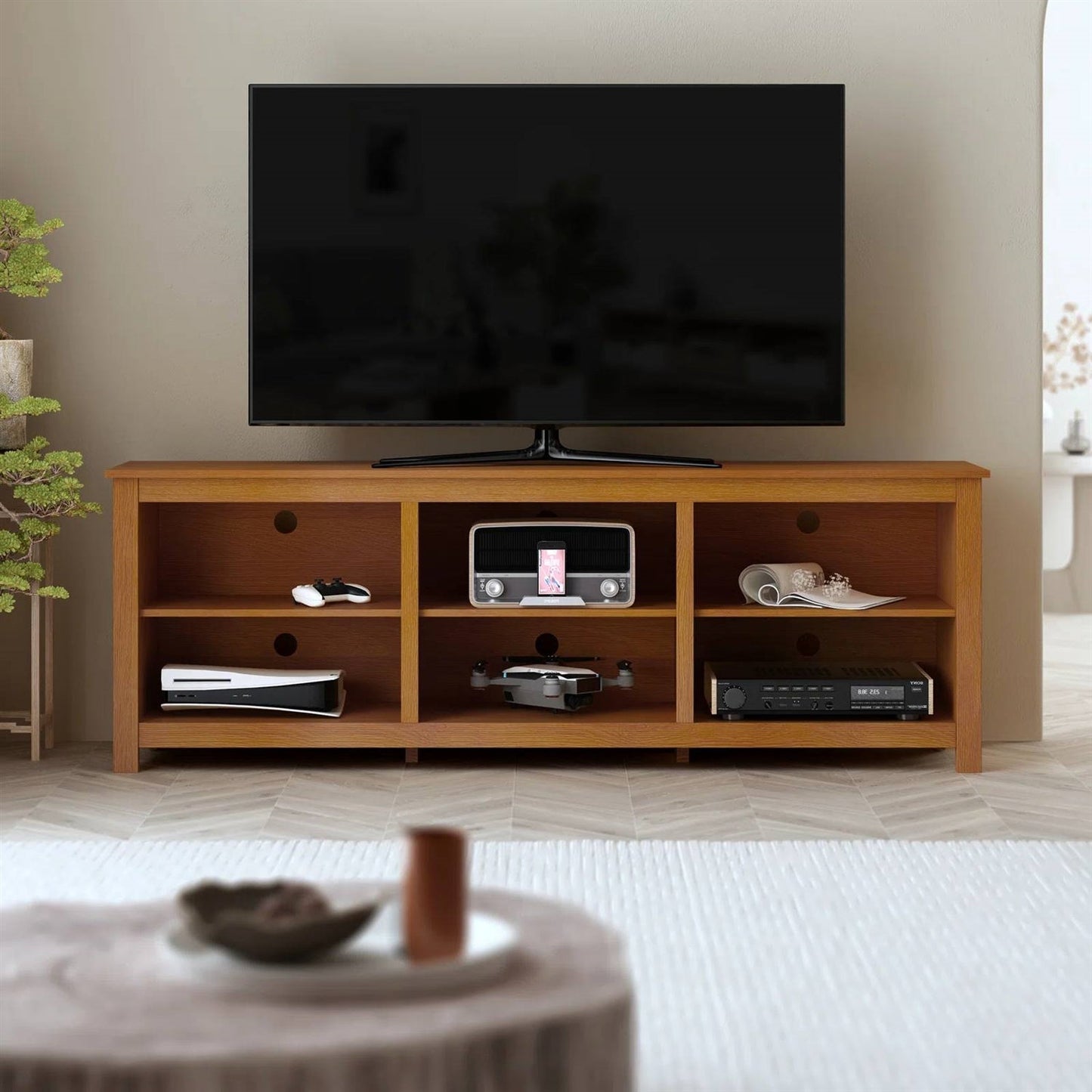 Mueble de TV de estilo rústico en acabado de madera marrón ámbar - para televisores de hasta 70 pulgadas