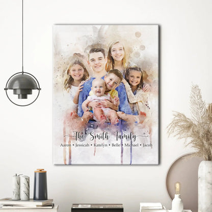 Watercolor family portrait canvas print with pastel splashes and The Smith Family text on canvas on Tampa Home & Garden Store