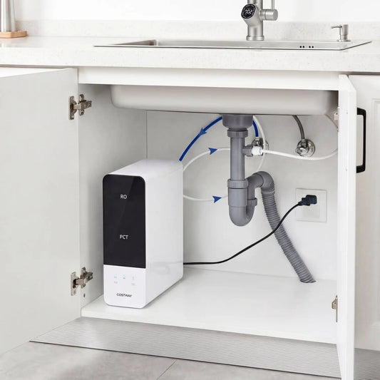 Costway 800 GPD tankless RO water filter system under-sink, white housing with RO label on Tampa Home & Garden Store