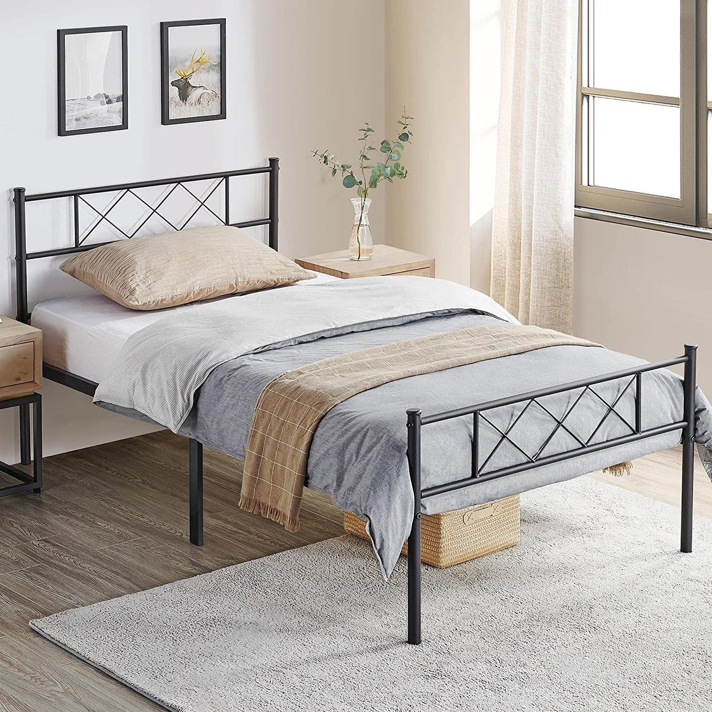 Cama de plataforma de metal con listones, tamaño doble, tradicional, con recubrimiento de polvo