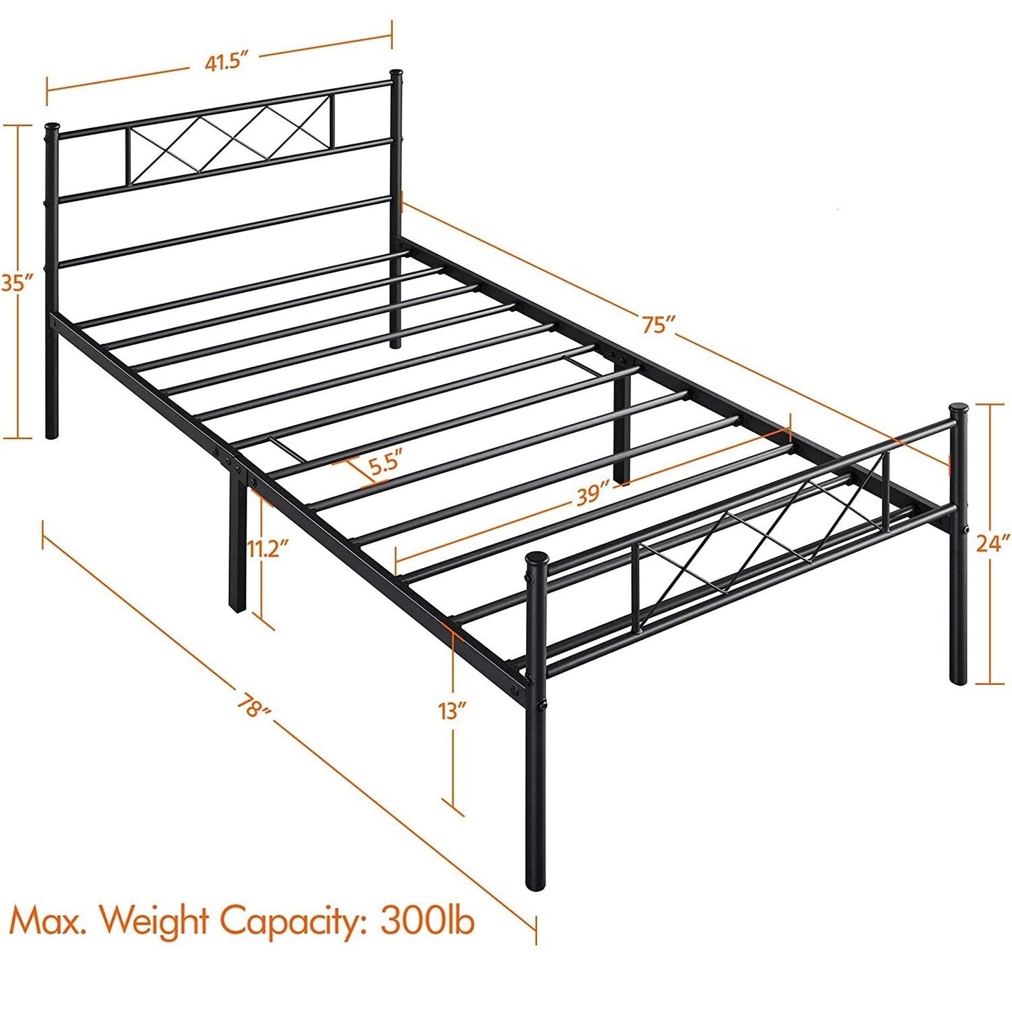 Cama de plataforma de metal con listones, tamaño doble, tradicional, con recubrimiento de polvo
