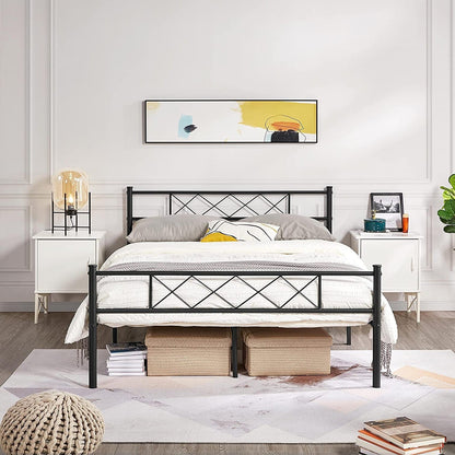 Cama de plataforma de metal tradicional con recubrimiento de polvo y listones, tamaño matrimonial