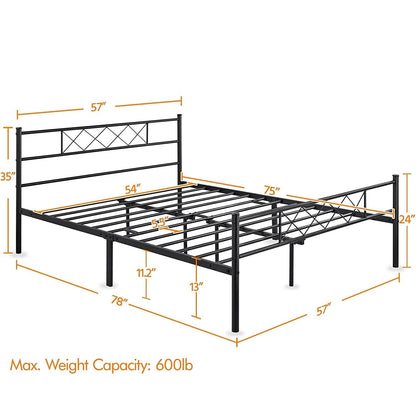 Cama de plataforma de metal tradicional con recubrimiento de polvo y listones, tamaño matrimonial