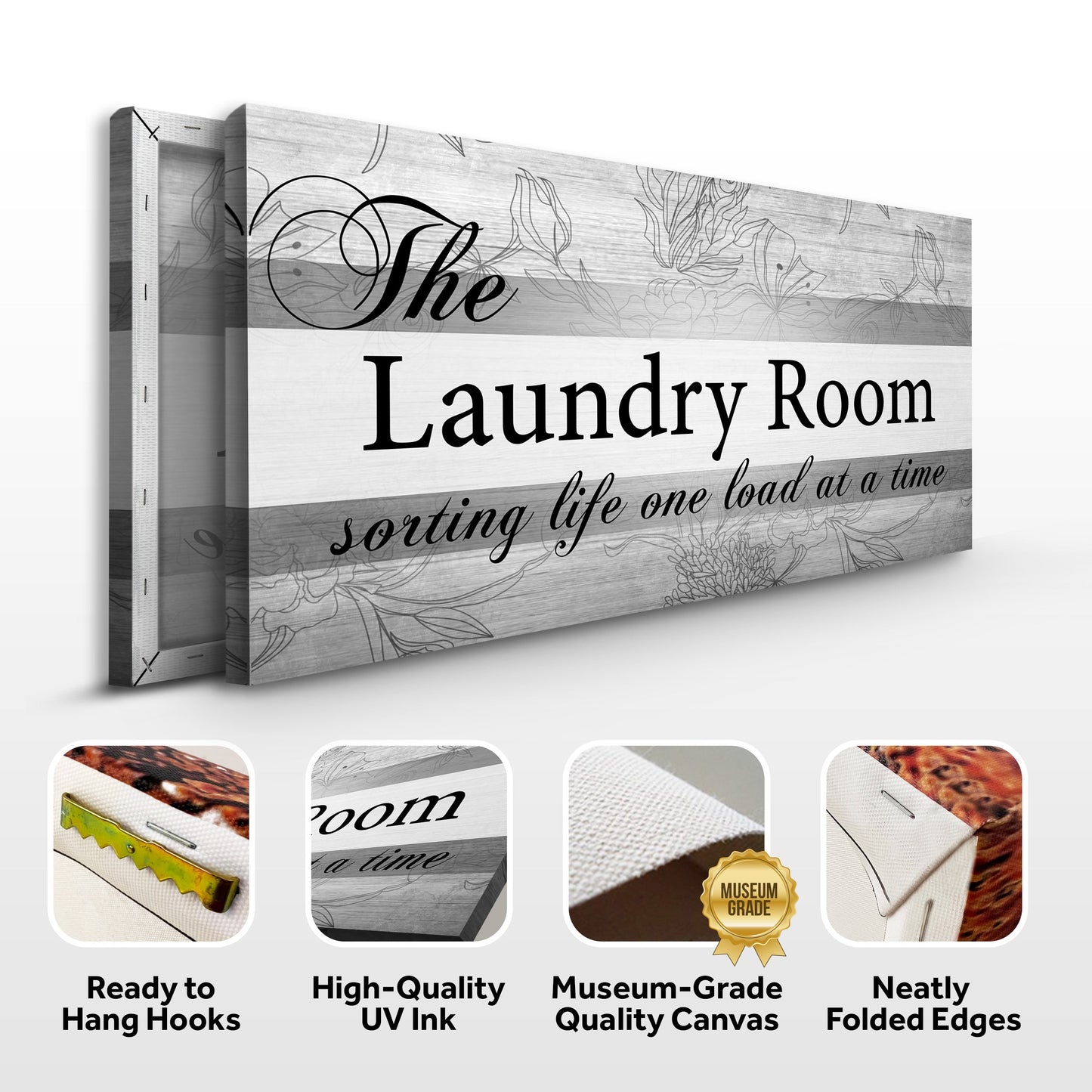 The Laundry Room Sign canvas by Tailored Canvases with woodgrain panel and floral accents on Tampa Home & Garden Store