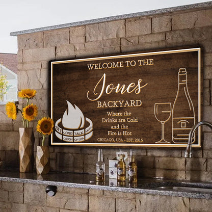 Backyard Sign II canvas sign by Tailored Canvases on wood backdrop with wine bottle and glass on Tampa Home & Garden Store