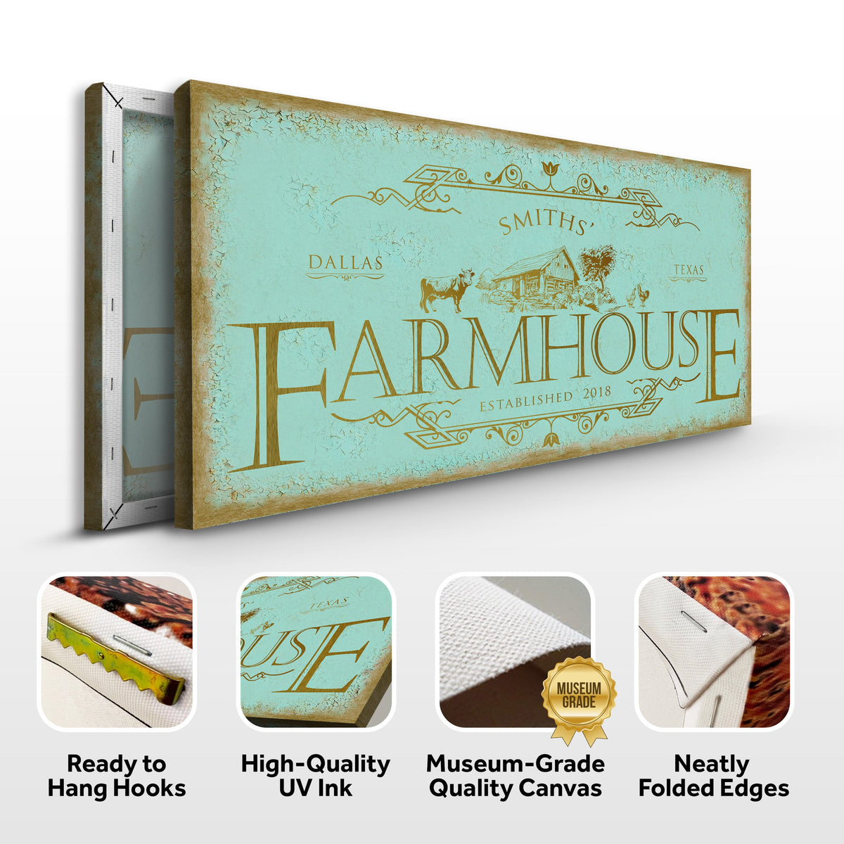 Canvas Rustic Farmhouse Sign IV by Tailored Canvases teal distressed with gold typography on Tampa Home & Garden Store