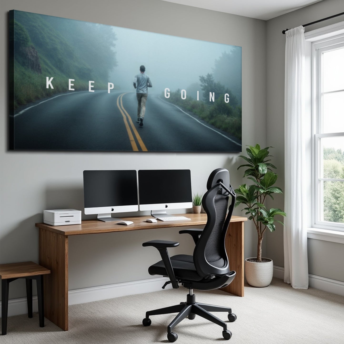 Keep Going Motivational Canvas wall art featuring a runner on a misty road with white text on Tampa Home & Garden Store