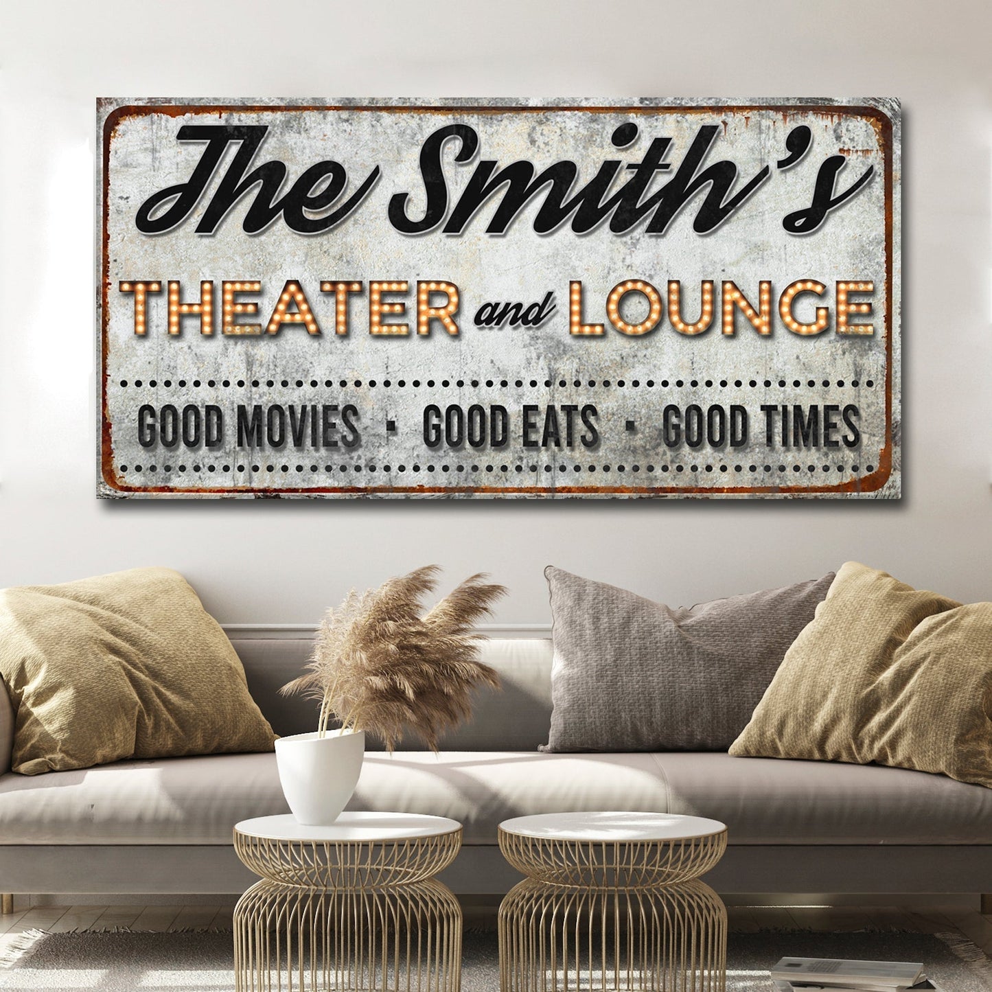 Family Theater and Lounge IV Sign canvas by Tailored Canvases, rustic sign with marquee letters on Tampa Home & Garden Store