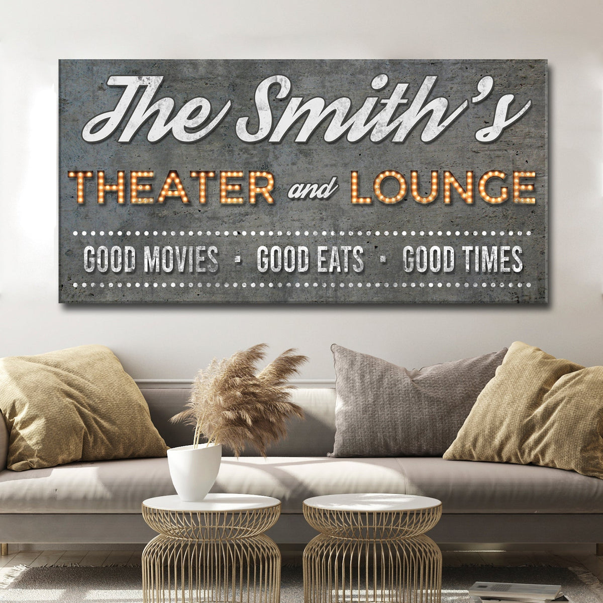 Family Theater and Lounge Sign V canvas wall art with gray textured backdrop and marquee letters on Tampa Home & Garden Store