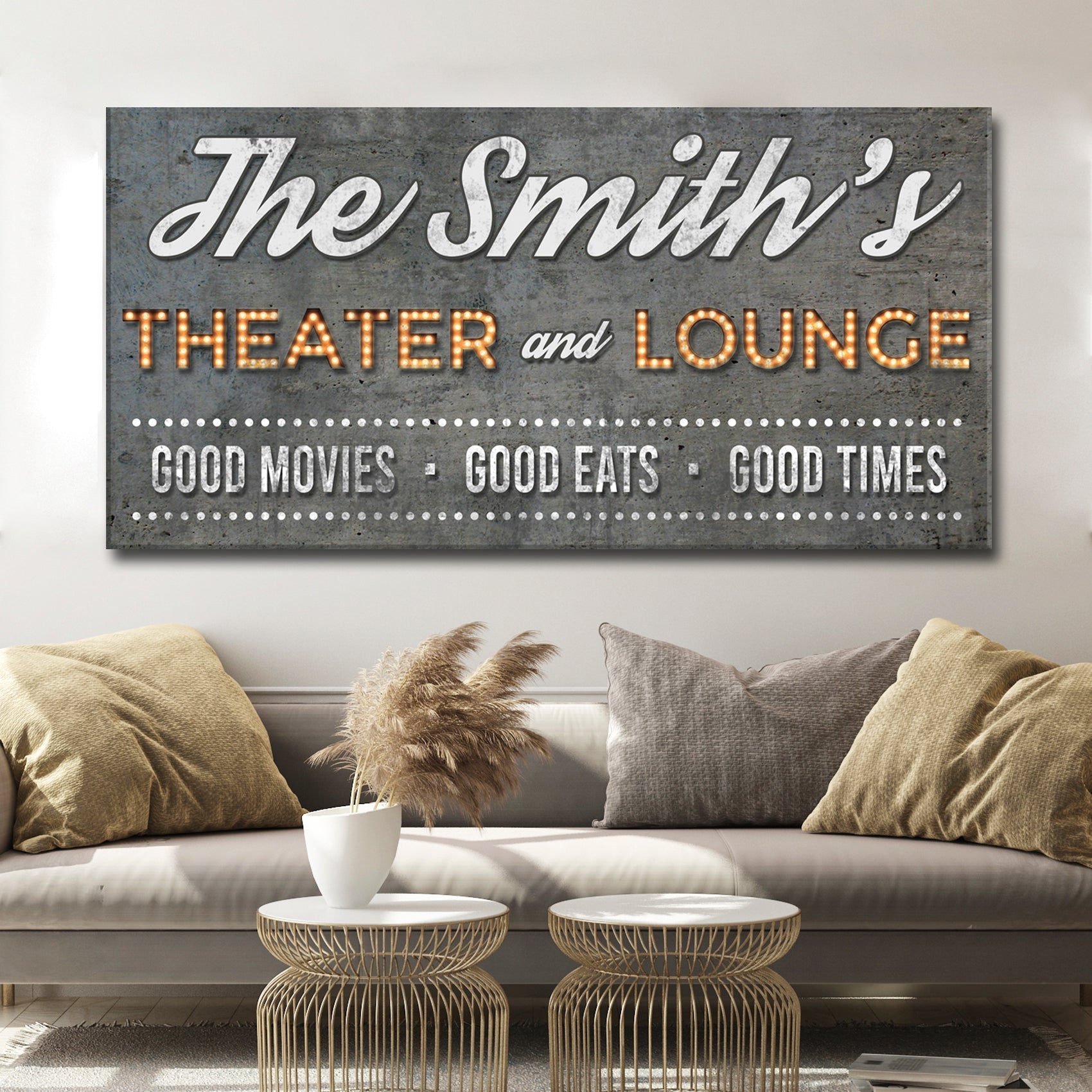 Family Theater and Lounge Sign V canvas wall art with gray textured backdrop and marquee letters on Tampa Home & Garden Store