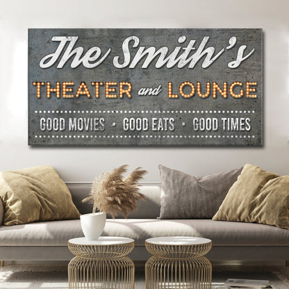 Family Theater and Lounge Sign V canvas wall art with gray textured backdrop and marquee letters on Tampa Home & Garden Store