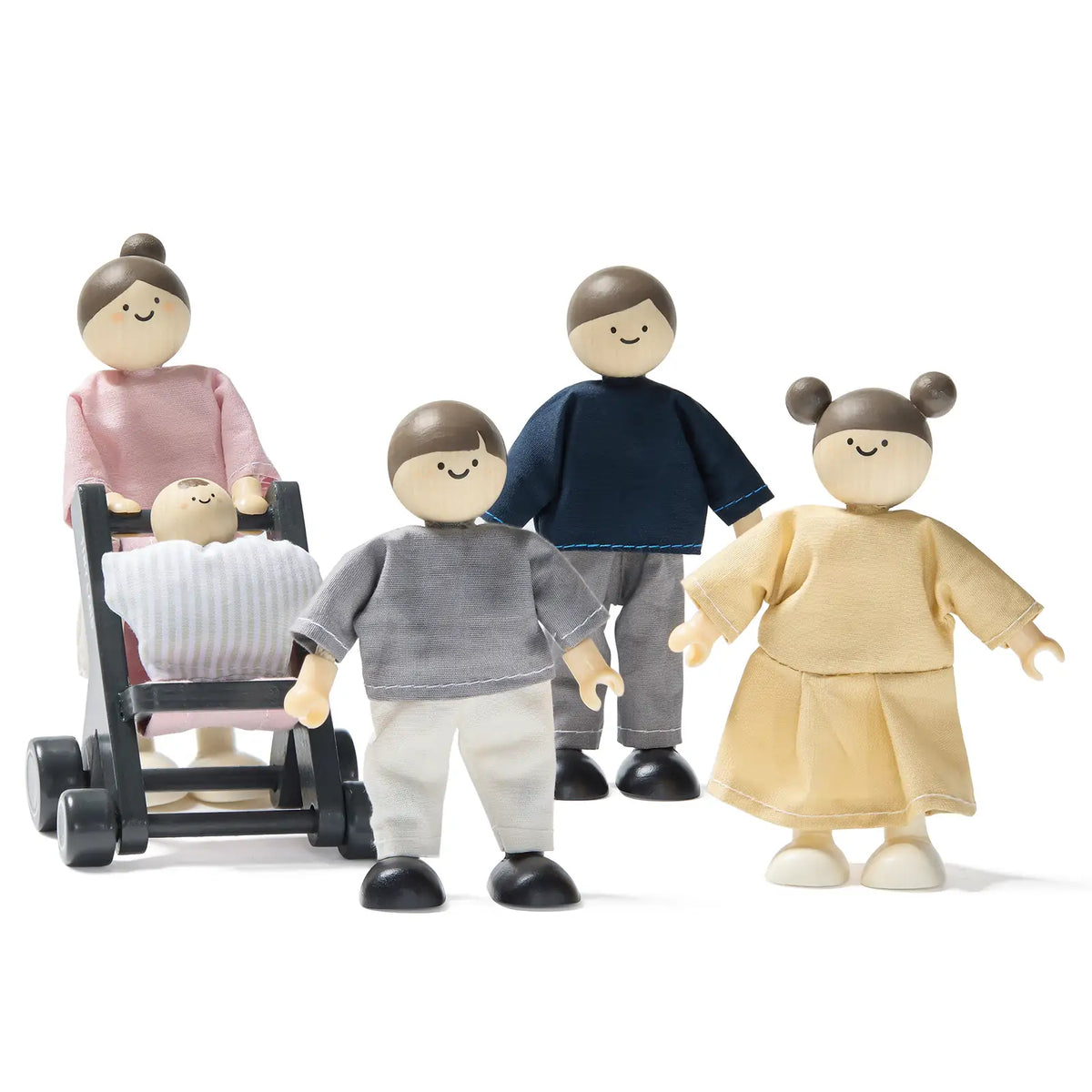 Dollhouse dolls set by Tiny Land INC: 5 wooden figures with baby in stroller wearing clothes on Tampa Home & Garden Store