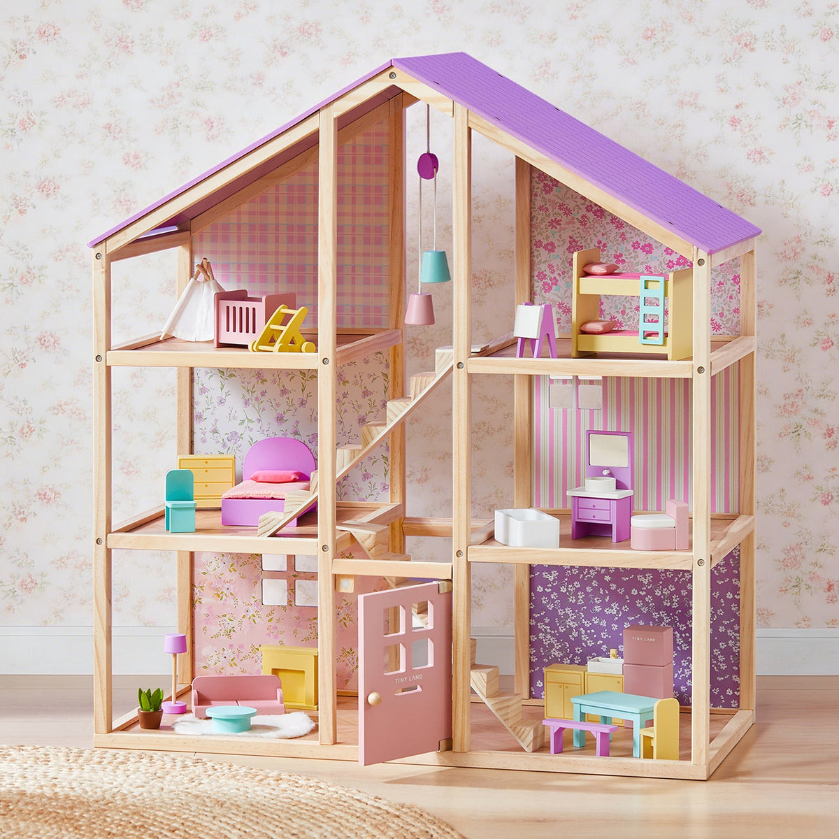 Tiny Land Sweetwood Dollhouse without Dolls wooden frame with pastel interiors and purple roof on Tampa Home & Garden Store