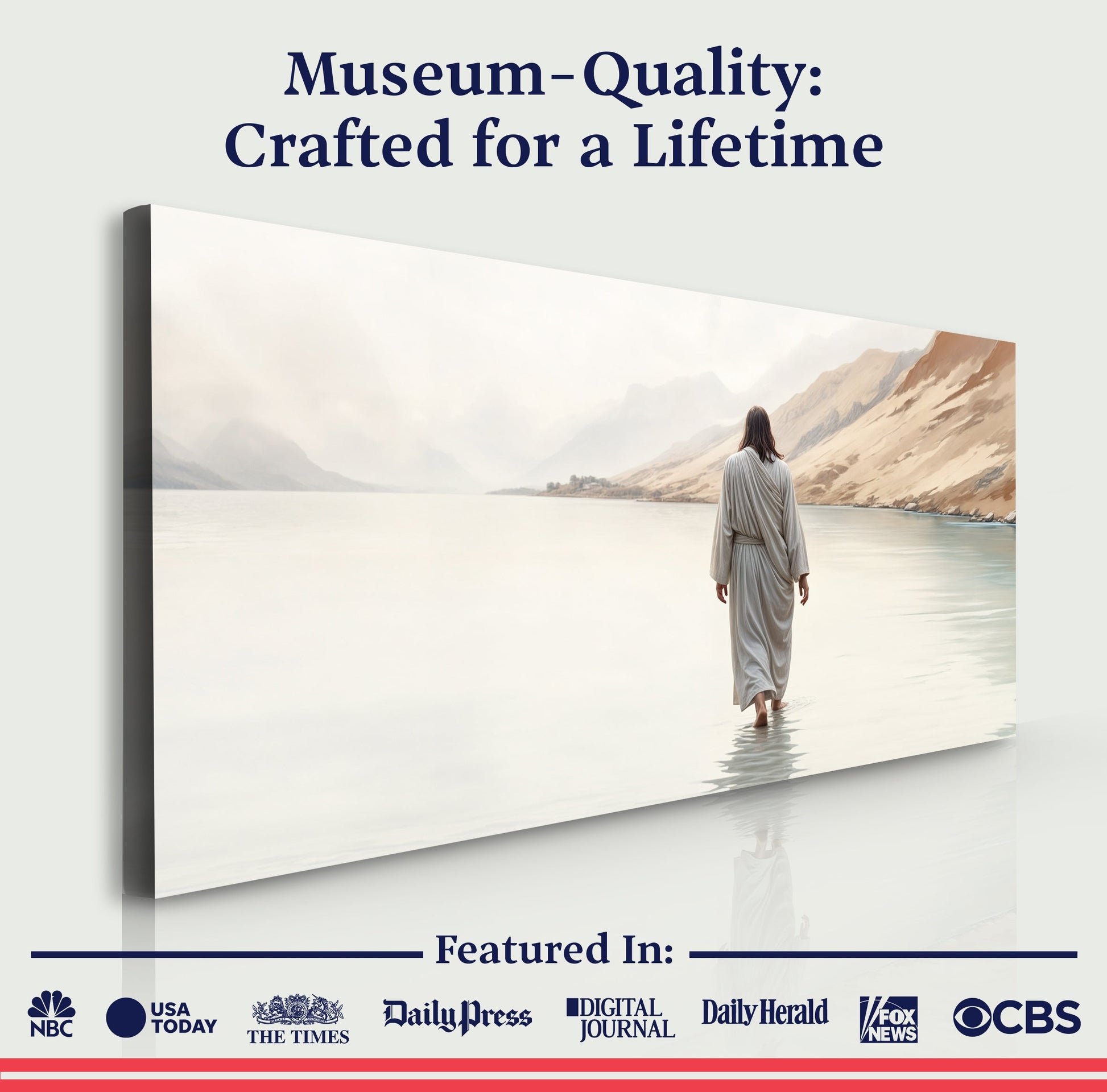 Canvas print Walking on Water - Faith Wall Art XI, woman in robe walking along calm shoreline on Tampa Home & Garden Store