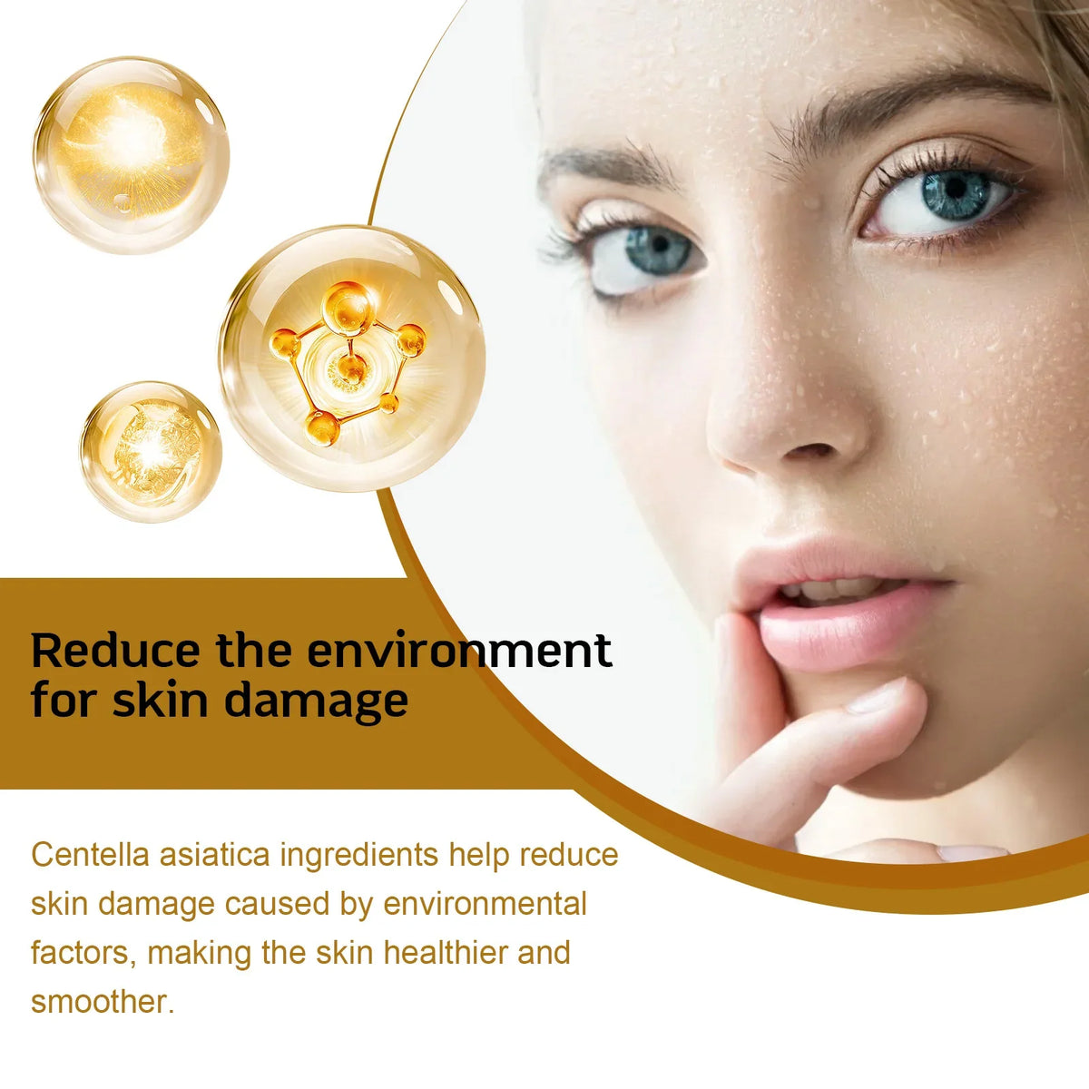 Centella Asiatica Serum by Silcy Skin with golden spheres and dewy skin close-up on Tampa Home & Garden Store