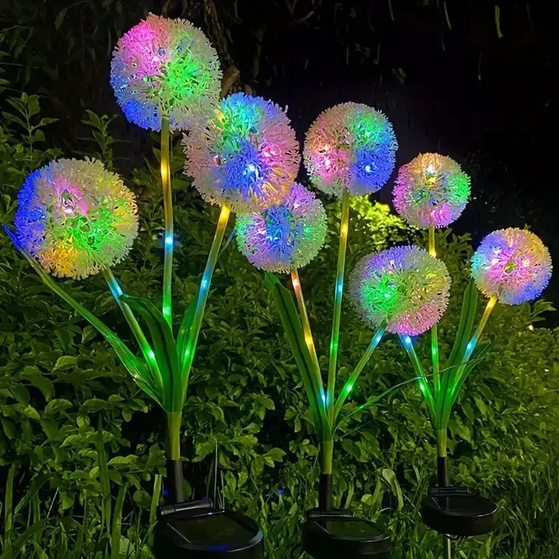 Perfecsy solar dandelion LED lawn light, 3-head with multi-color LEDs on green stems, set of 7 on Tampa Home & Garden Store