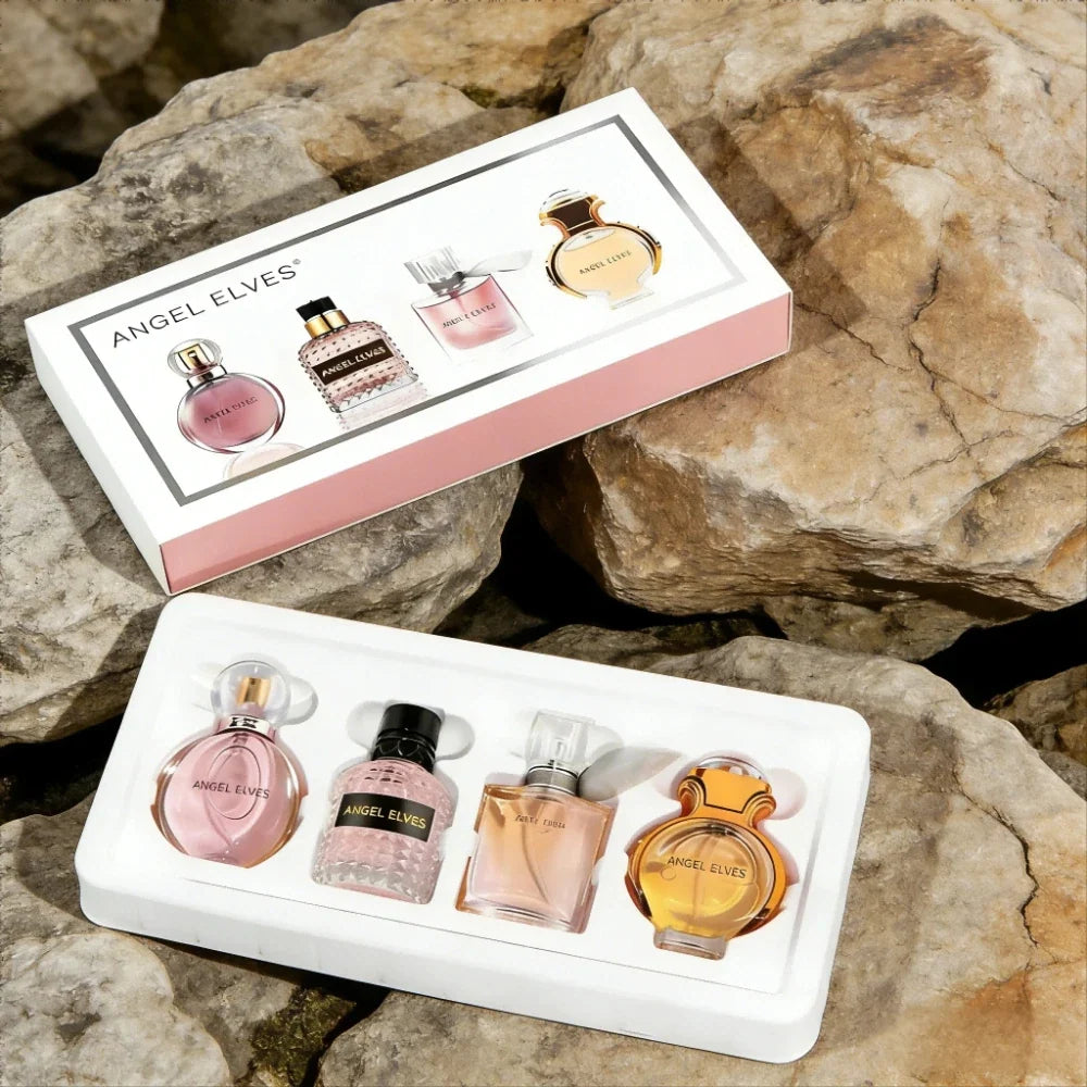 Angel Elves perfume gift set with four mini bottles in pink, peach, amber on white tray on Tampa Home & Garden Store