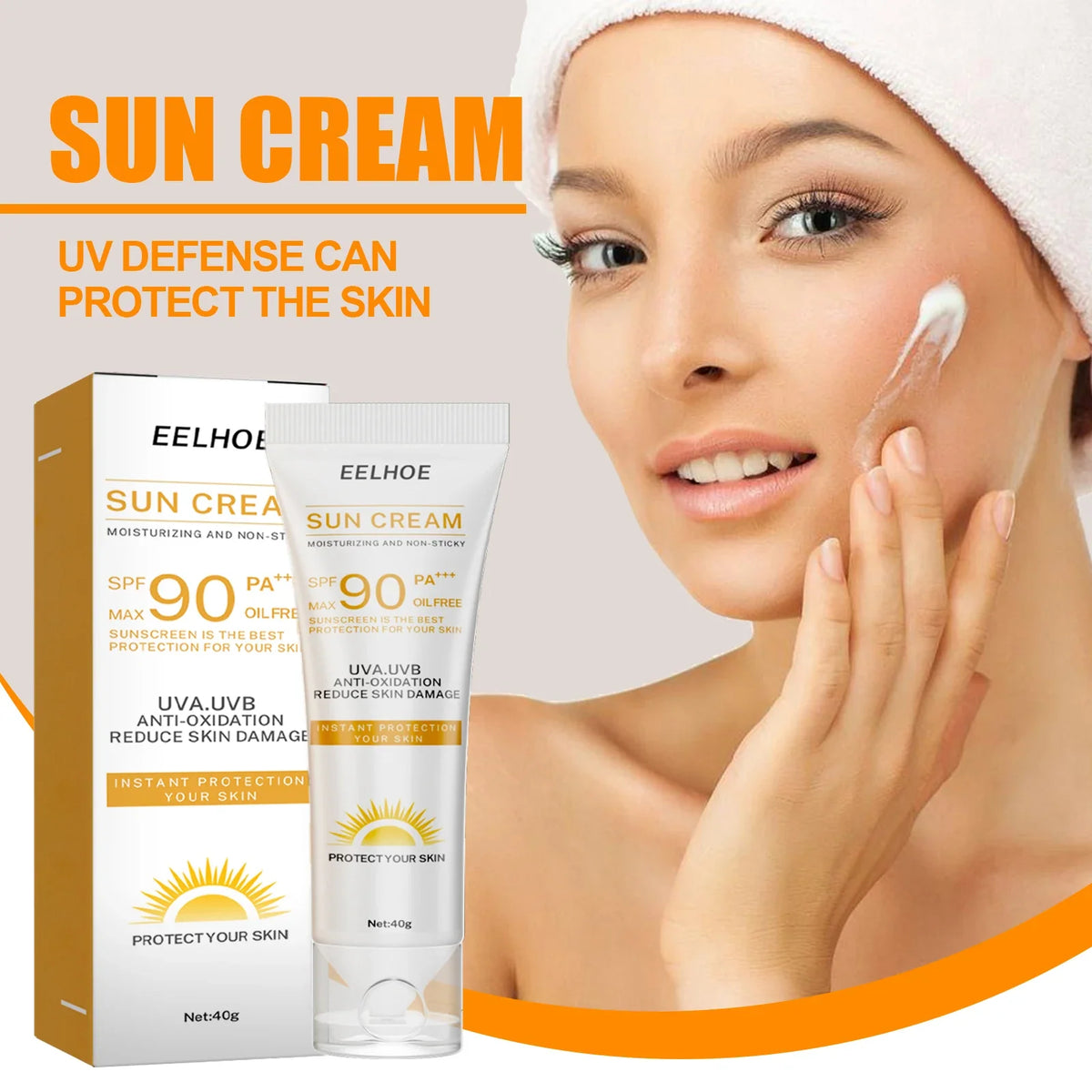 Sun cream SPF90 PA++ oil-free moisturizer with UV defense in box and tube, applying cream on Tampa Home & Garden Store