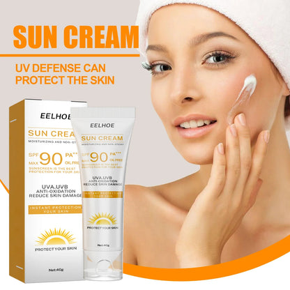 Sun cream SPF90 PA++ oil-free moisturizer with UV defense in box and tube, applying cream on Tampa Home & Garden Store