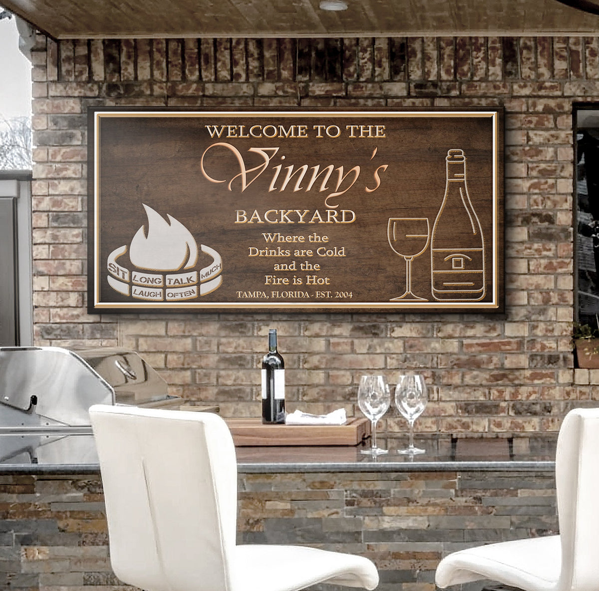 Backyard Sign II canvas by Tailored Canvases with Vinny's Backyard and campfire motif on Tampa Home & Garden Store