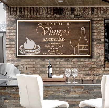 Backyard Sign II canvas by Tailored Canvases with Vinny's Backyard and campfire motif on Tampa Home & Garden Store