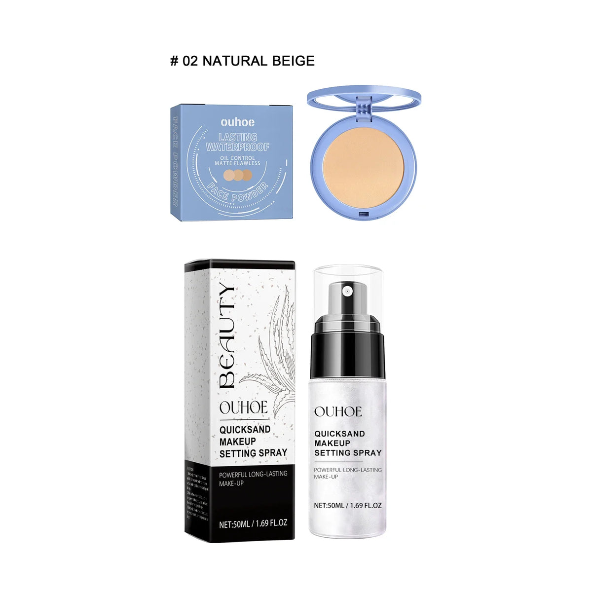 Face powder natural beige in blue OUHOE compact with Quicksand makeup setting spray on Tampa Home & Garden Store