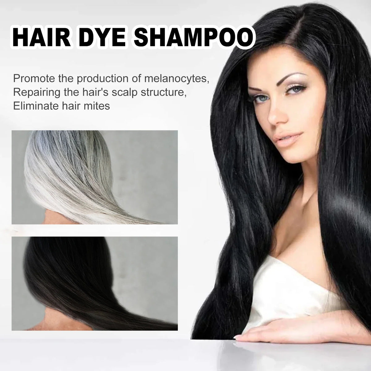 EELHOE Brown Hair Dyeing Shampoo by Silcy Skin three-panel collage shows black glossy hair and gray-highlight swatches on Tampa Home & Garden Store