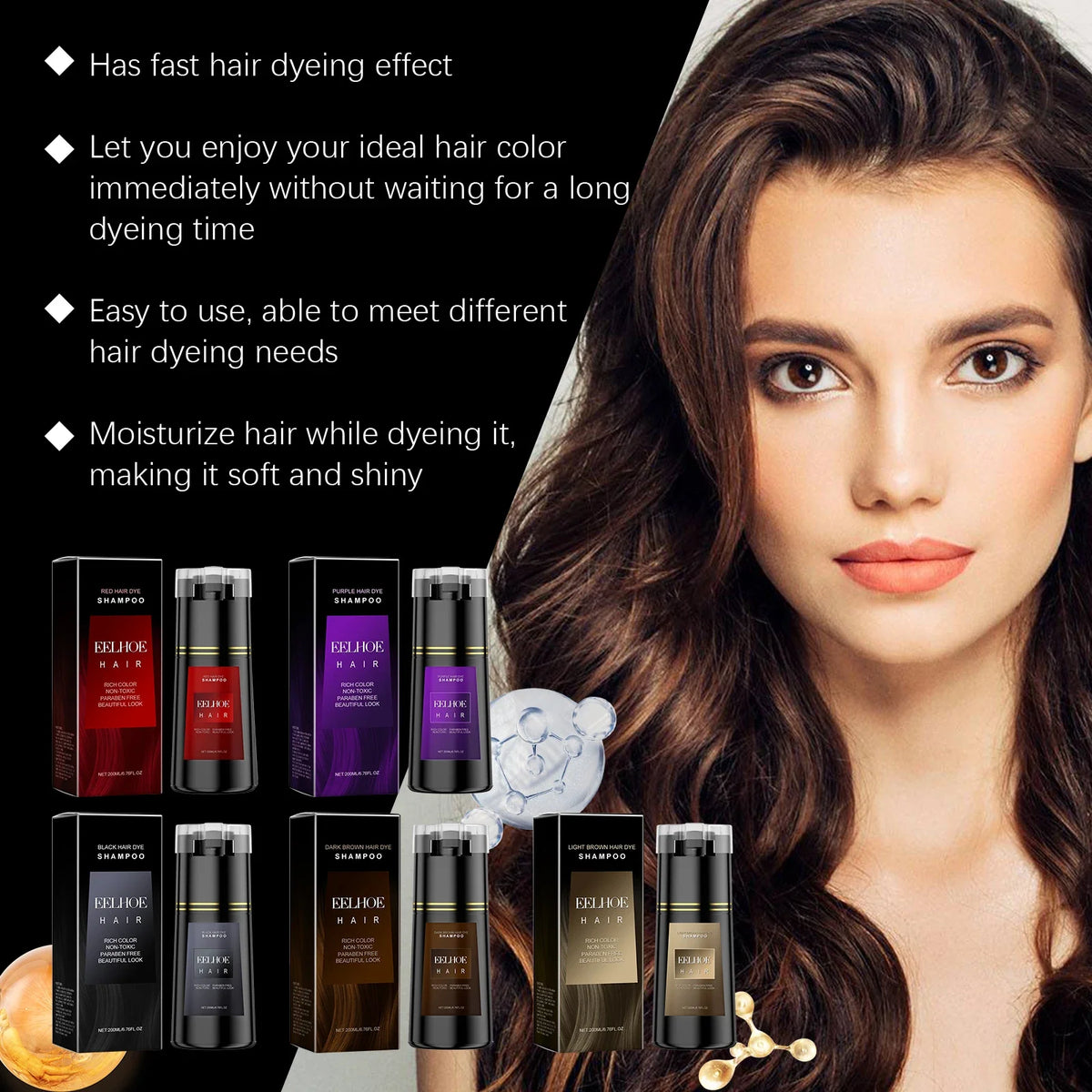 EELHOE multi-color hair dye shampoo set with multiple color bottles and model with long hair on Tampa Home & Garden Store