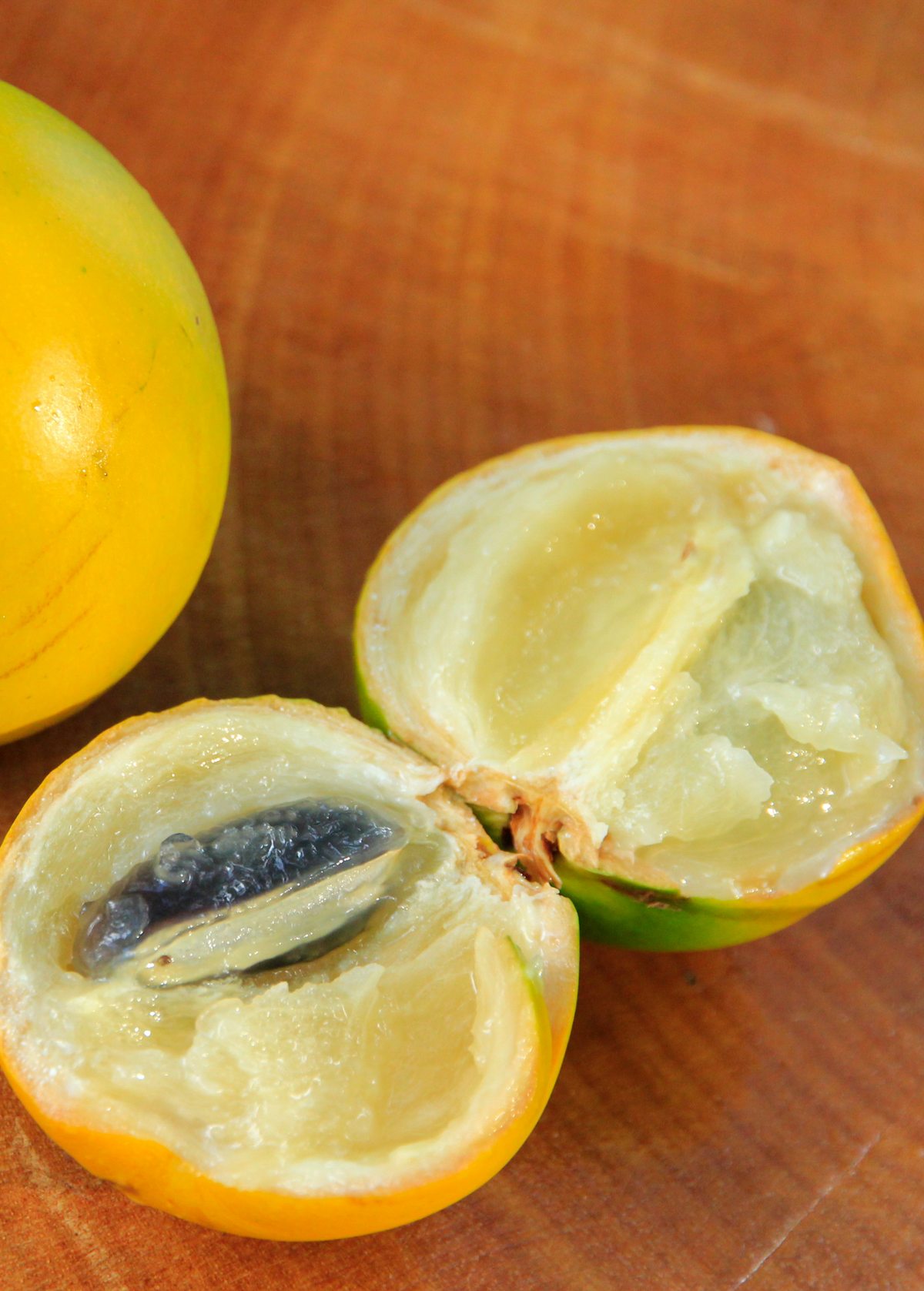 Abiu fruit (Pouteria caimito) yellow rind, creamy flesh and dark seed on Tampa Home & Garden Store