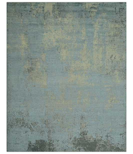 Abstract Design Blue, Beige And Gray 8x10 Hand Knotted Wool and Bamboo Silk Rug - Tampa Home & Garden Store